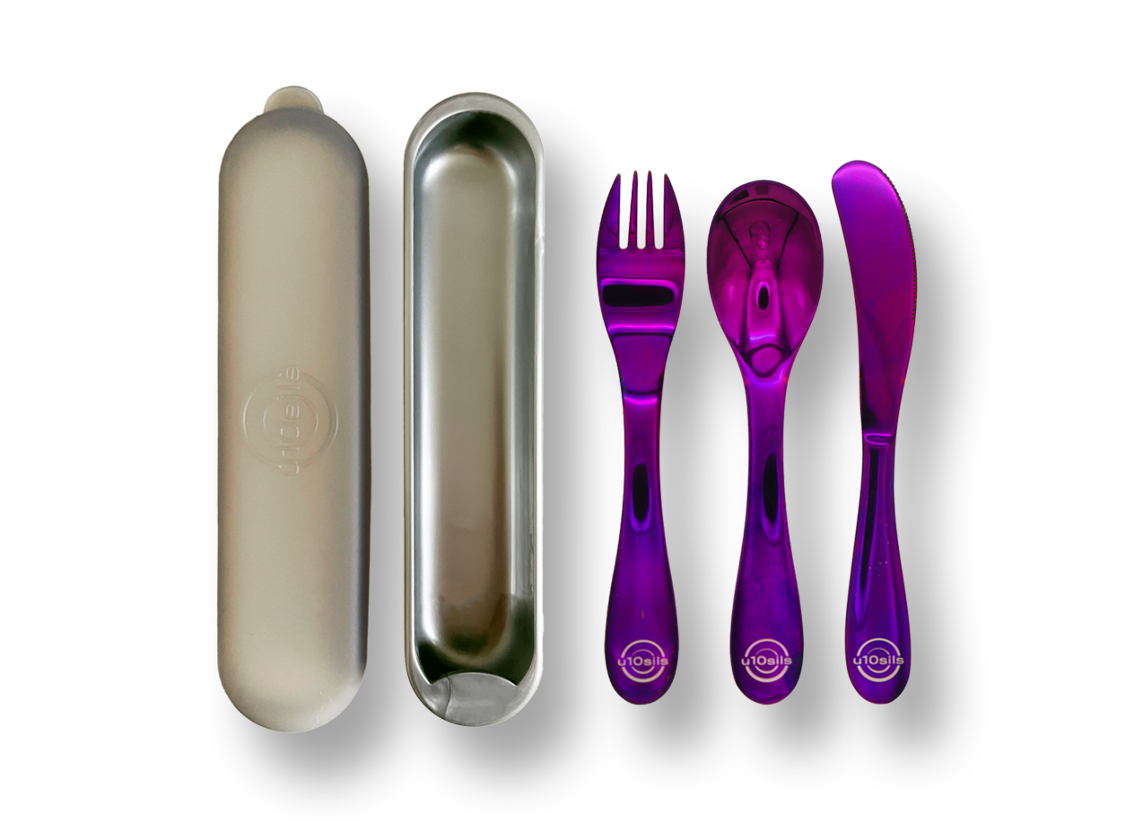 Blue cutlery set in matching storage case