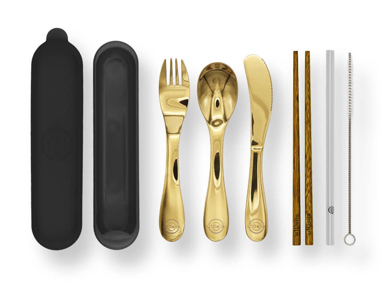 Stainless steel knife and fork in eco lunch tote
