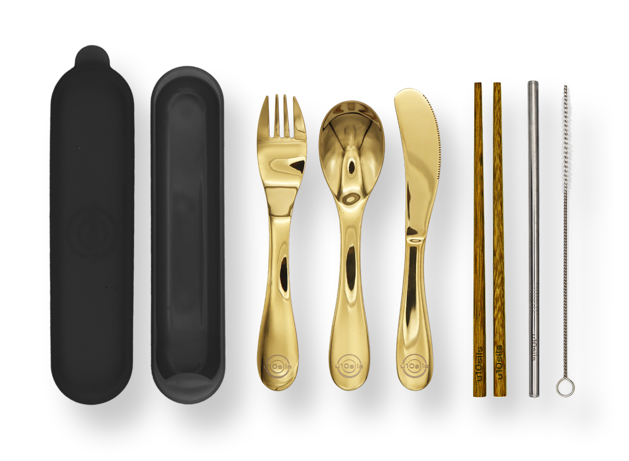 Silver stainless steel fork and spoon with lunch bag