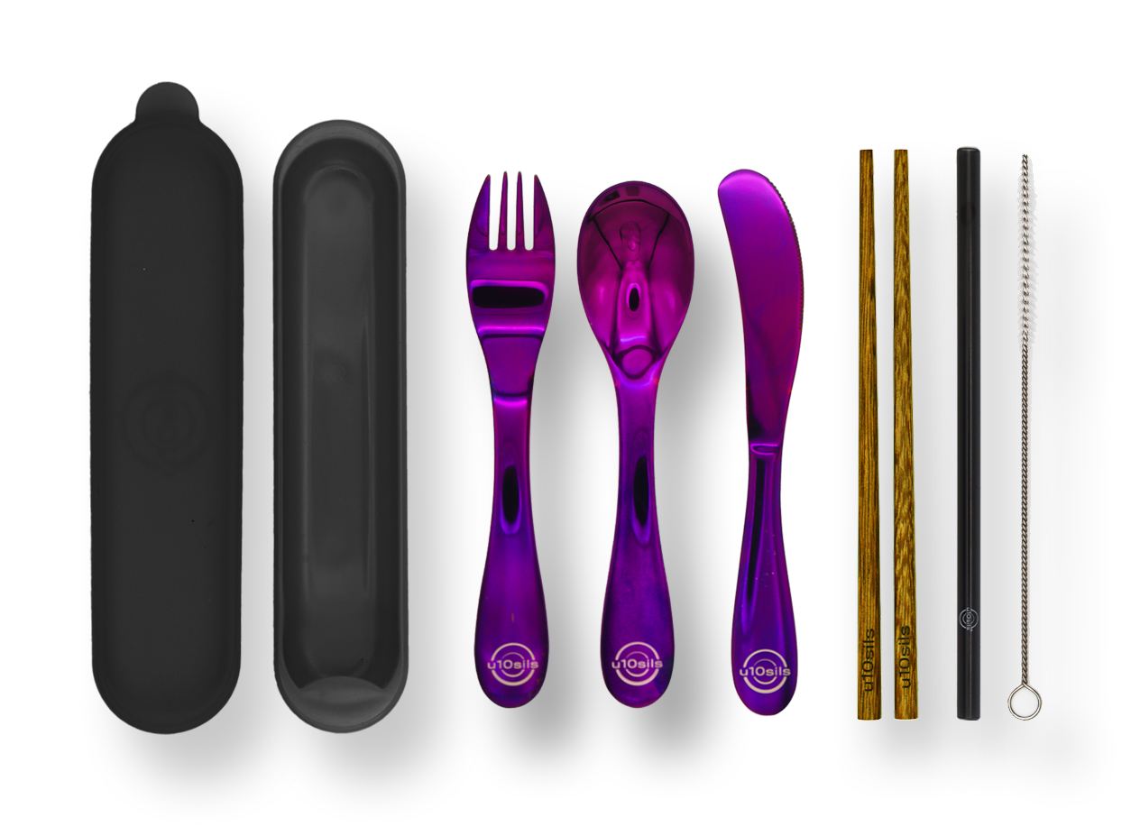 Stainless steel cutlery packed neatly in lunch tote