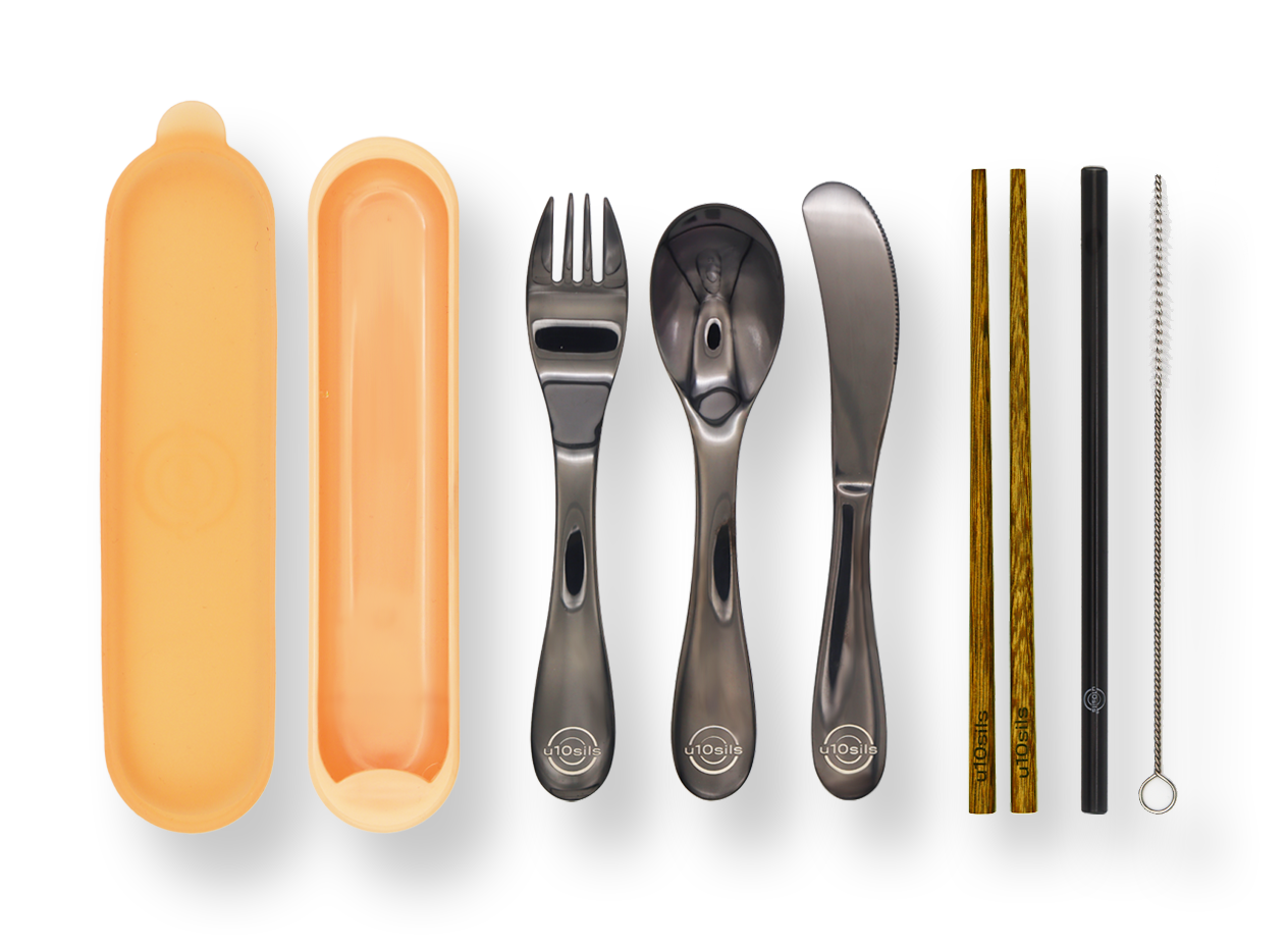 Stainless steel lunch utensils in eco-friendly tote