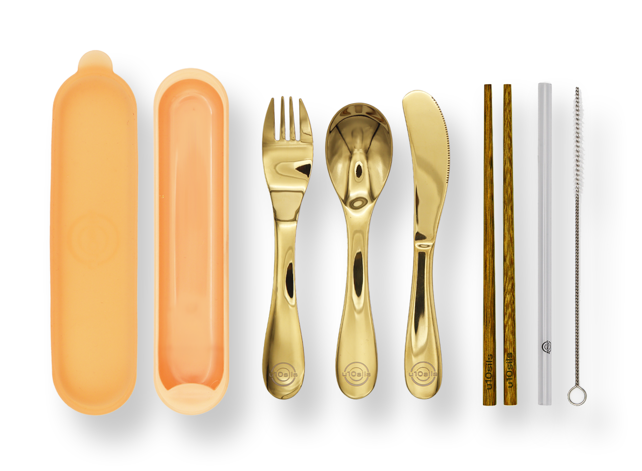 Compact stainless steel cutlery in zippered lunch bag