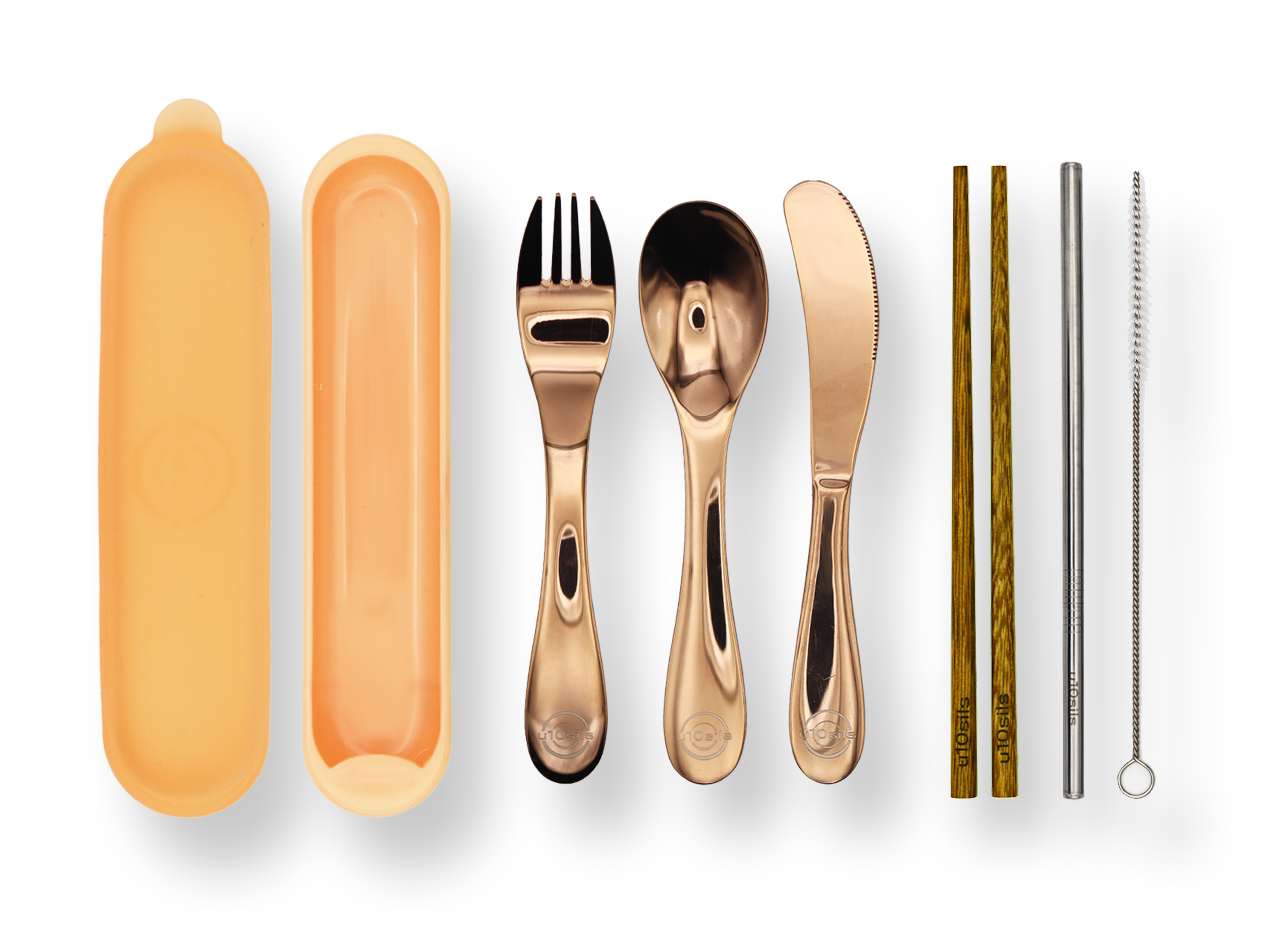 Stainless steel cutlery set inside insulated lunch carrier
