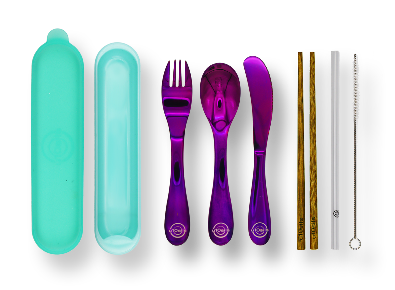 Stainless steel cutlery in insulated lunch tote bag
