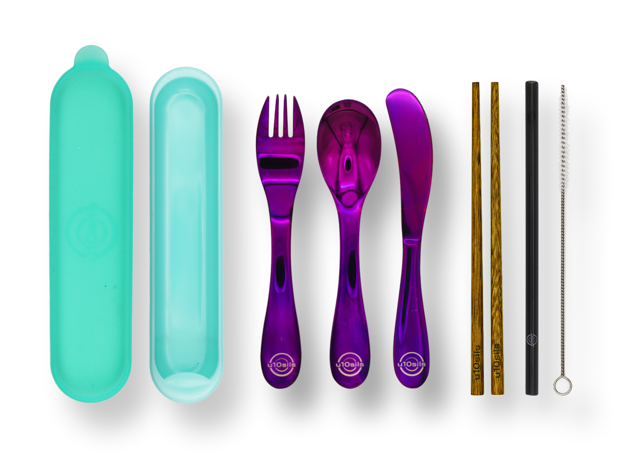 Reusable stainless steel cutlery in compact tote bag