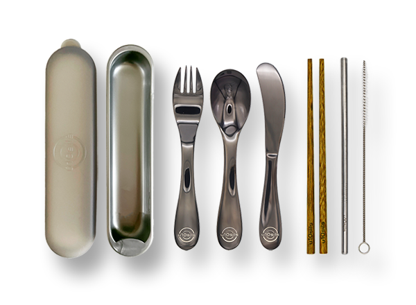 Full stainless steel utensil set packed in lunch tote