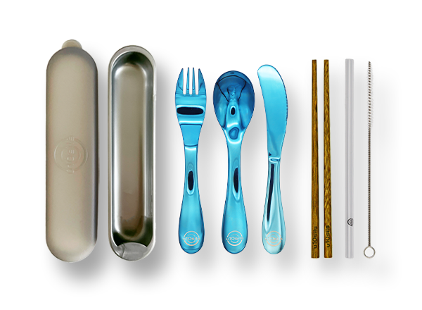 Reusable stainless steel cutlery set inside insulated lunch tote bag