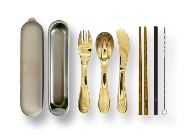 Stainless steel cutlery for lunch packed in travel tote