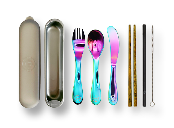 Durable stainless steel cutlery with travel lunch carrier