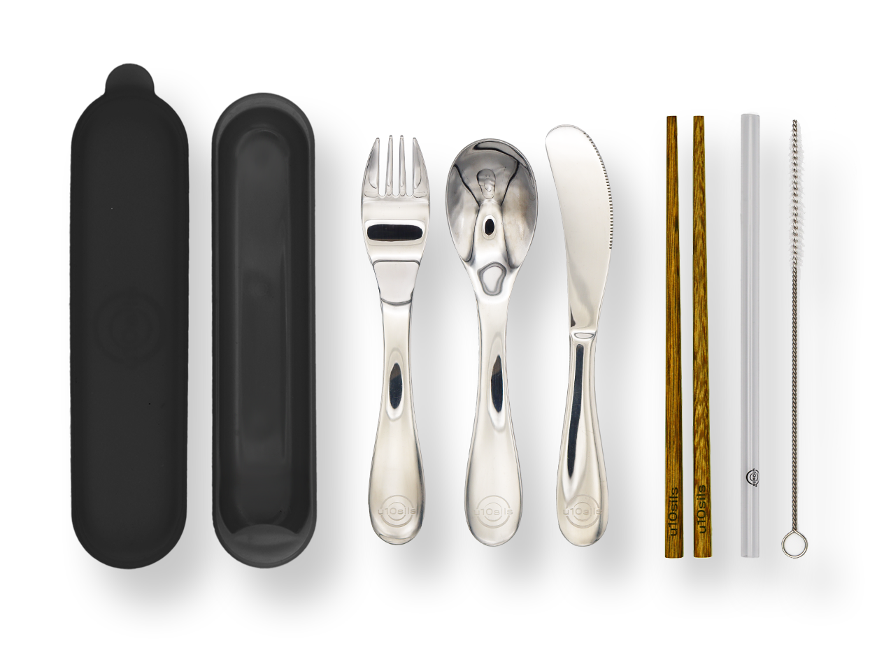 Stainless steel cutlery set with matching lunch tote bag