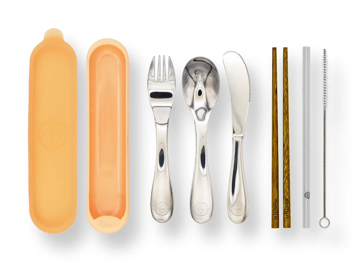 Reusable stainless steel utensils packed in lunch tote