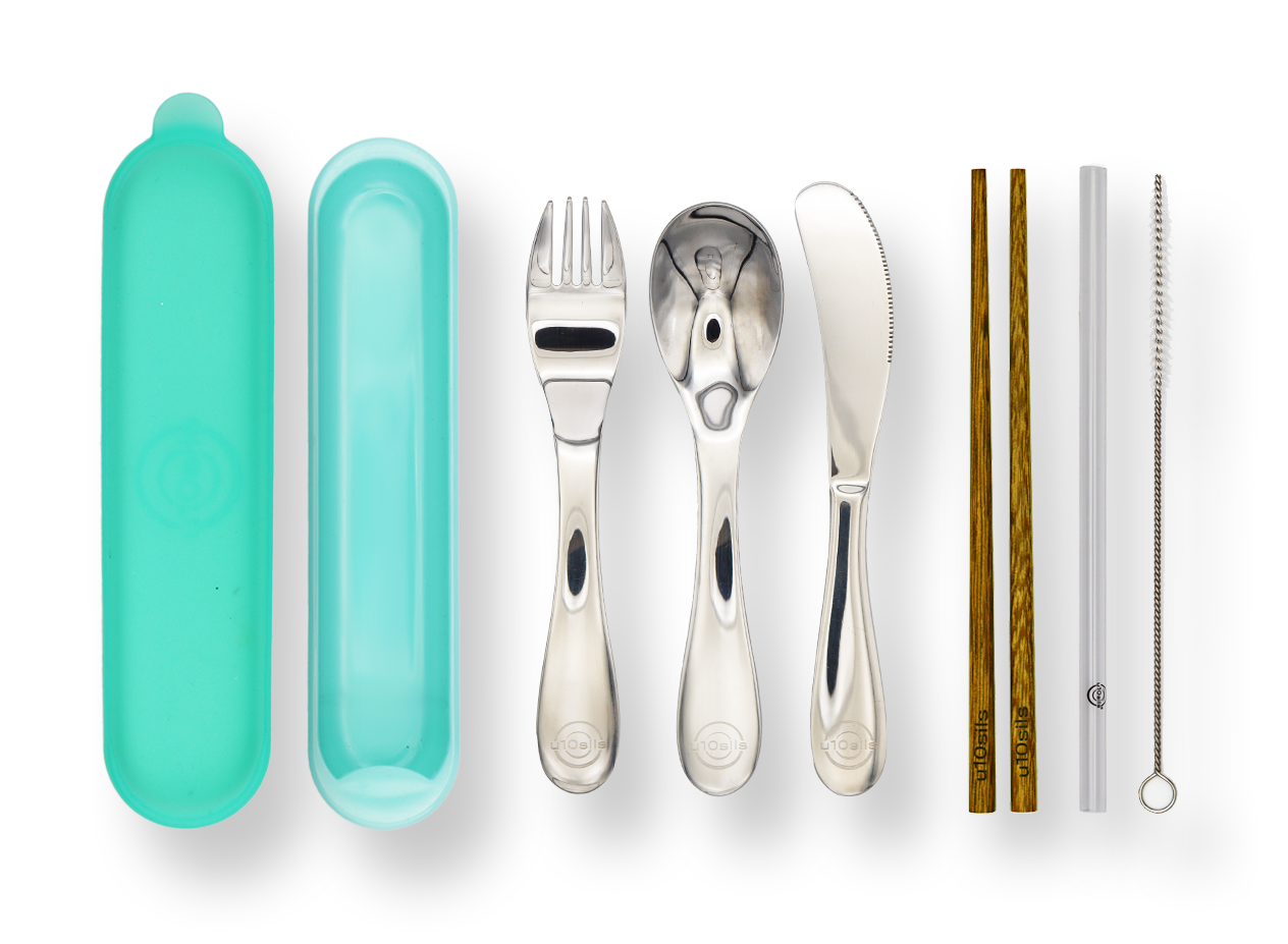 Stainless steel fork, spoon, and knife with tote bag